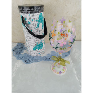 Delish Hand Painted Wine Glass My BFF with Pink Orange Purple Flowers 9"